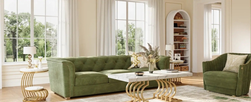 Sofa with Vertical Channel Tufting and Wooden Base in Fabric