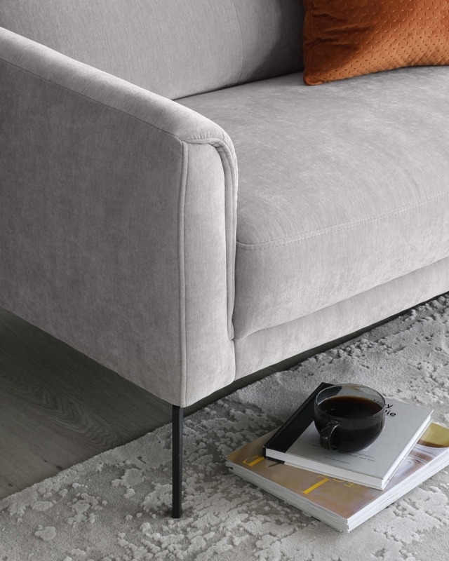 Sofa with Vertical Pleating on Curved Armrests in Woven Fabric