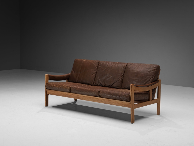 Sofa with Wrap-Around Oak Frame and Cognac Leather, Scandinavian Style
