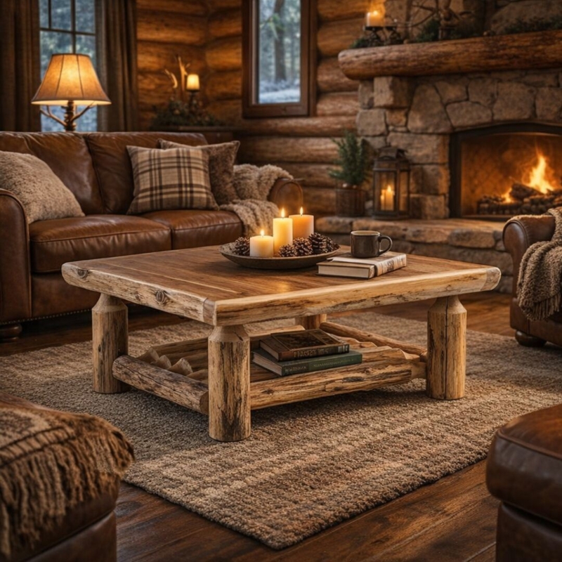 Solid Wood Square Coffee Table with Log Legs and Apron Stretchers