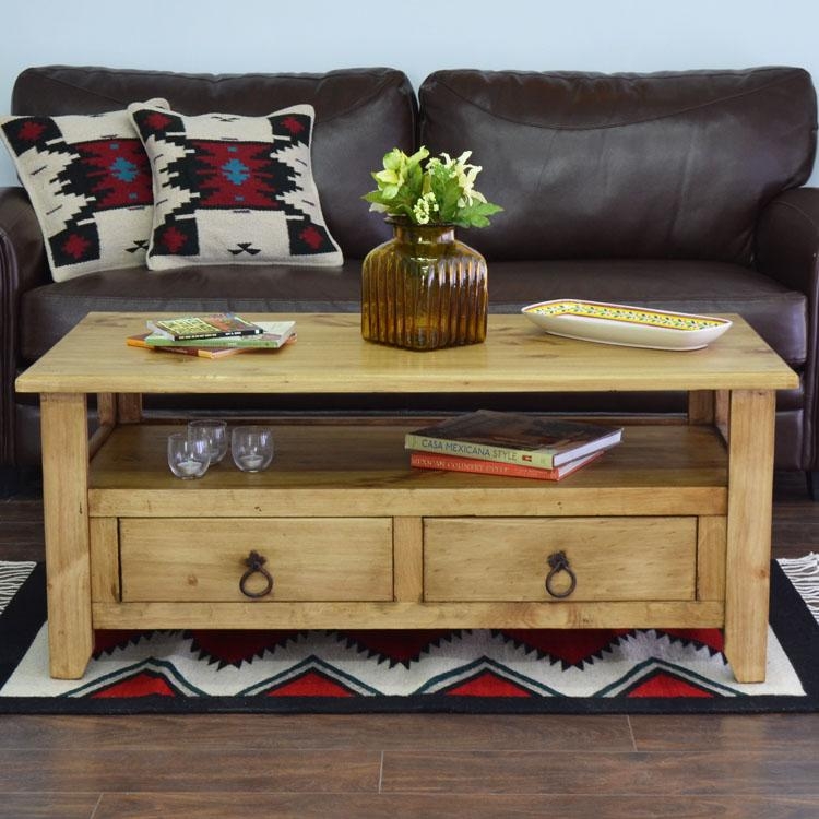 Southwestern Coffee Table Plank Top with Lower Storage Shelf