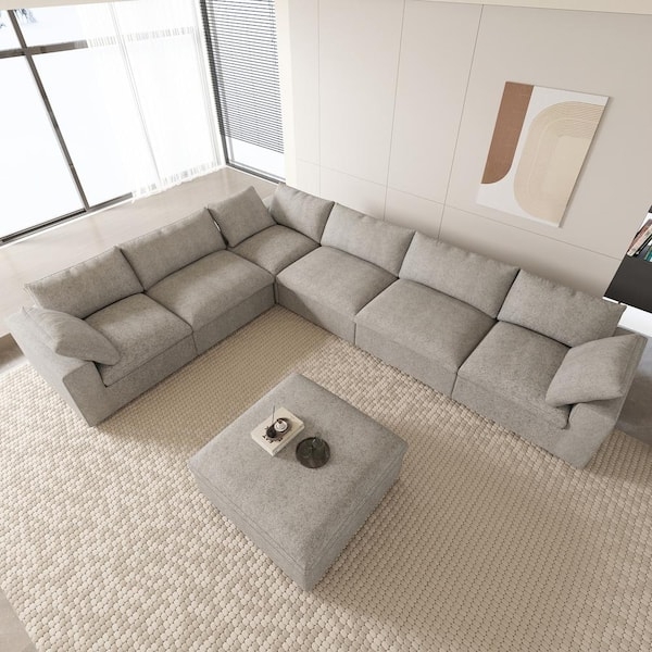 Spacious U-Shaped Sectional Sofa Woven Fabric Block Feet Modern