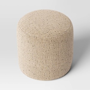 Speckled Beige Cylindrical Pouf Ottoman with Piped Edge Detail