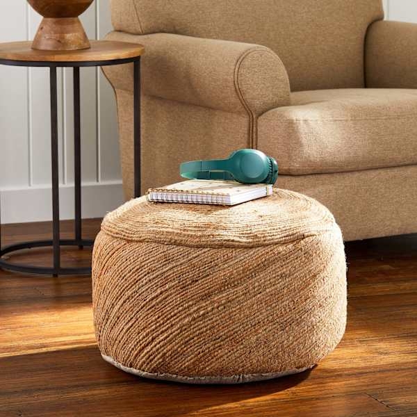 Spiral Braided Pouf, Round Natural Jute, Earthy Woven Accent Ottoman