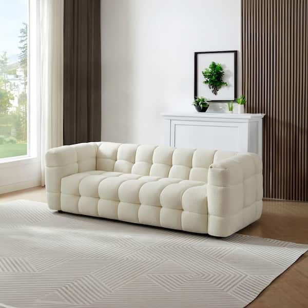 Square Arm Sofa with Deep Seat and Boucle Texture, Modern Block Design