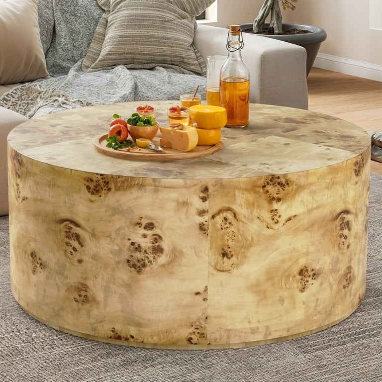 Square Block Coffee Table, Burl Wood Grain, Low Profile, Organic Modern