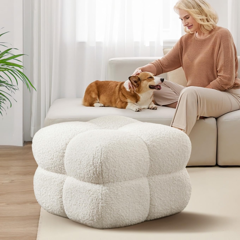 Square Boucle Pouf Ottoman Off-White Teddy Fabric Minimalist Seat