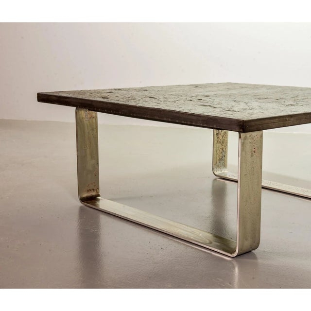 Square Brutalist Slate Coffee Table Textured Edge Chunky Legs