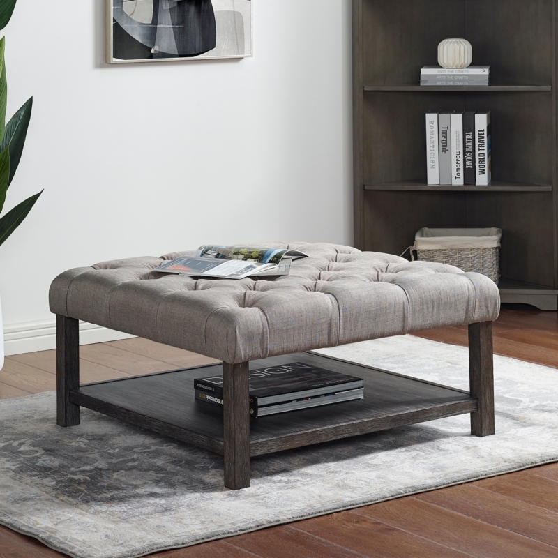 Square Button Tufted Ottoman, Gray Fabric with Tapered Legs