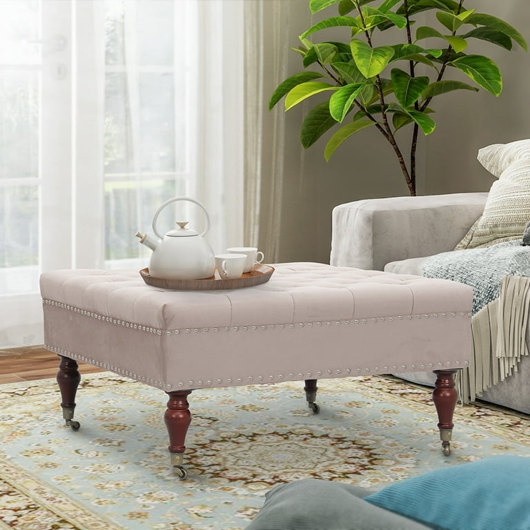 Square Cocktail Ottoman, Beige Velvet Tufted with Dark Wood Block Legs