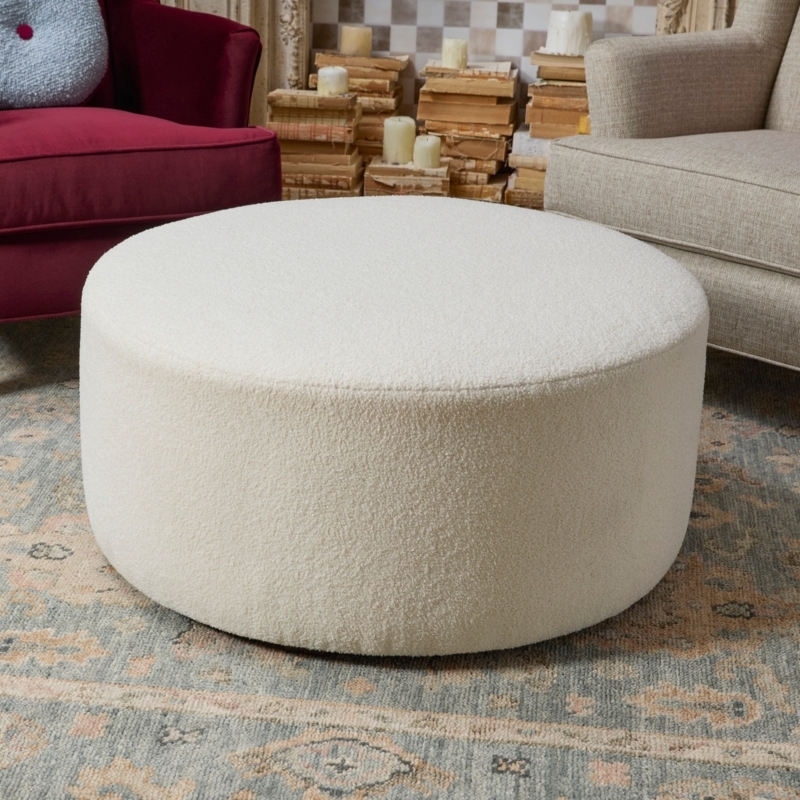 Square Cocktail Ottoman, Cream Fabric with Nailhead Trim and Tufted Seat