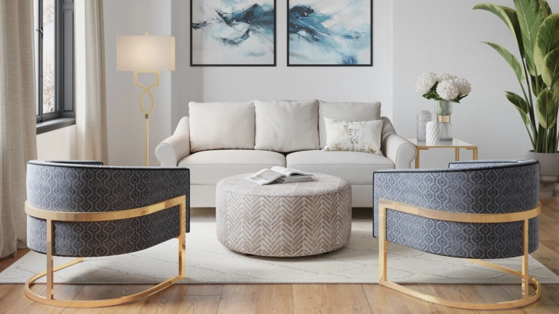 Square Cocktail Ottoman, Cream Woven Fabric on Black Metal Open Base