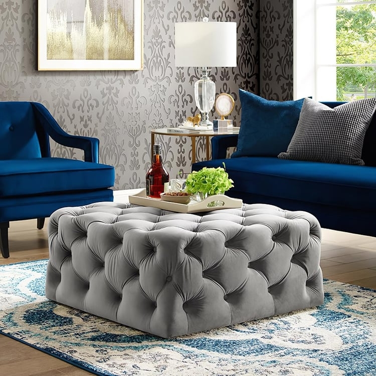 Square Cocktail Ottoman, Light Gray Velvet Low Profile with Deep Tufting