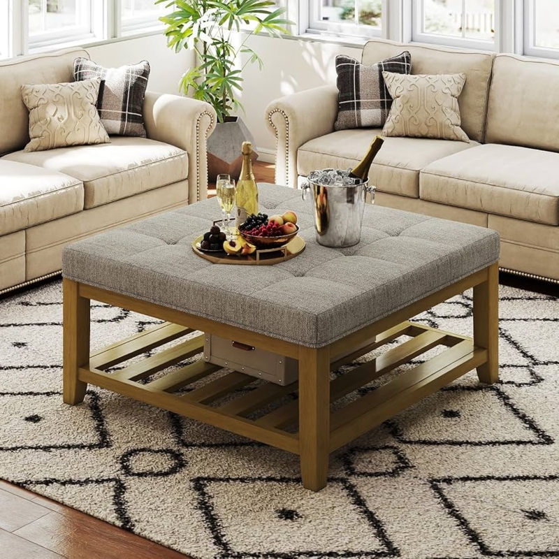 Square Cocktail Ottoman with Storage Shelf and Tufting