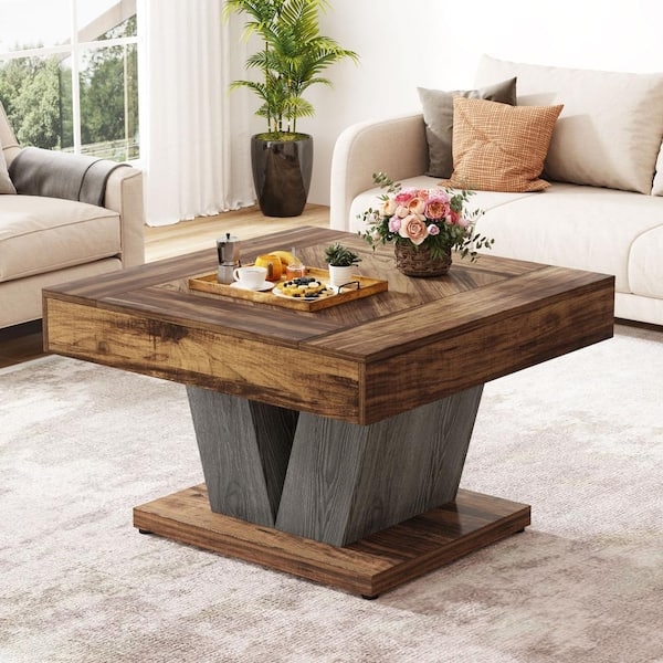 Square Coffee Table Black Metal X-Frame Sides Industrial Wood Design