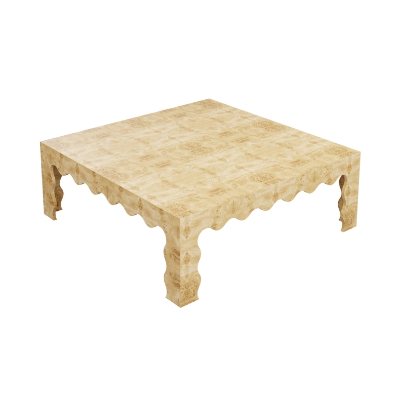 Square Coffee Table Burl Grain Scalloped Edges Waterfall Legs Tan