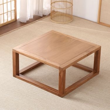 Square Coffee Table, Chunky Wood Toned Pedestal Base