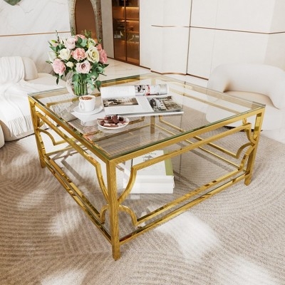 Square Coffee Table featuring Two-Tier Glass Shelves and Geometric Frame