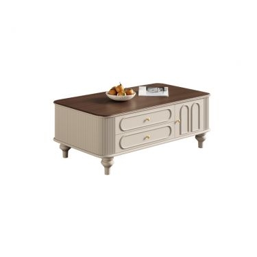 Square Coffee Table, Low Profile Stone-Like Top, Fluted Wood Base