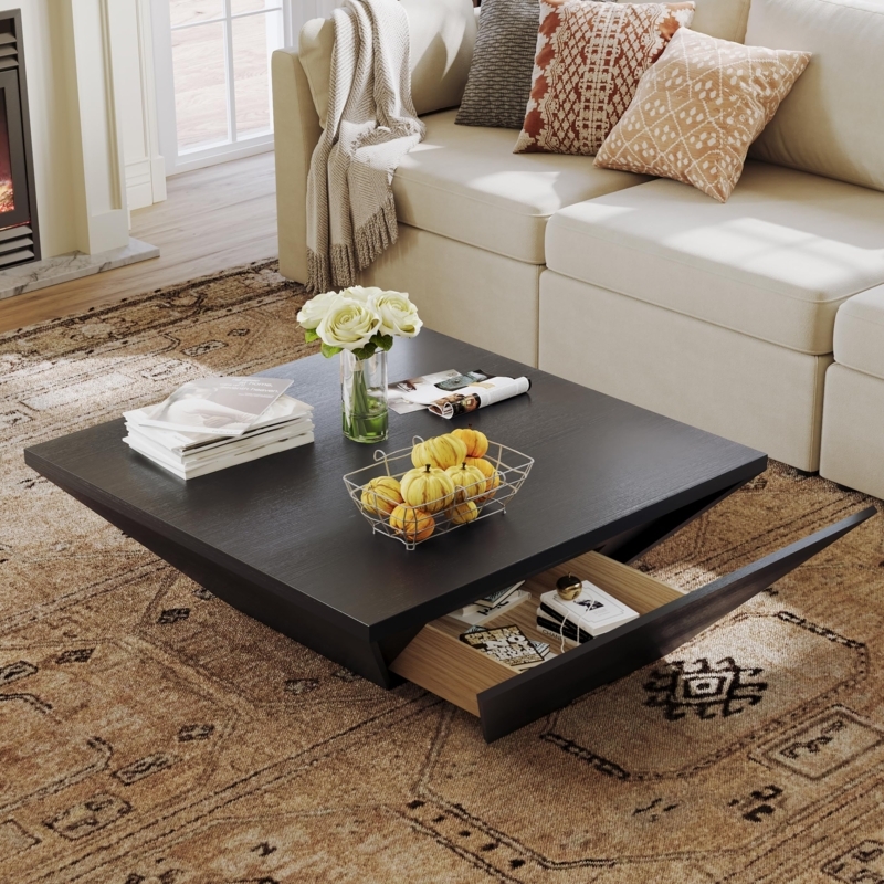 Square Coffee Table Matte Black Trapezoidal Base Storage