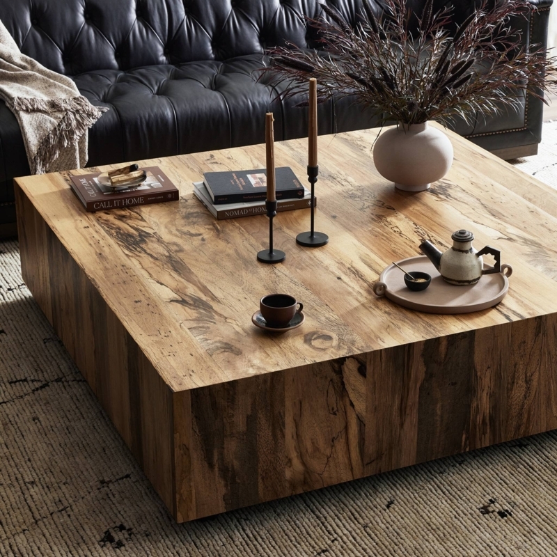 Square Coffee Table Natural Wood Tone Plinth Base Large