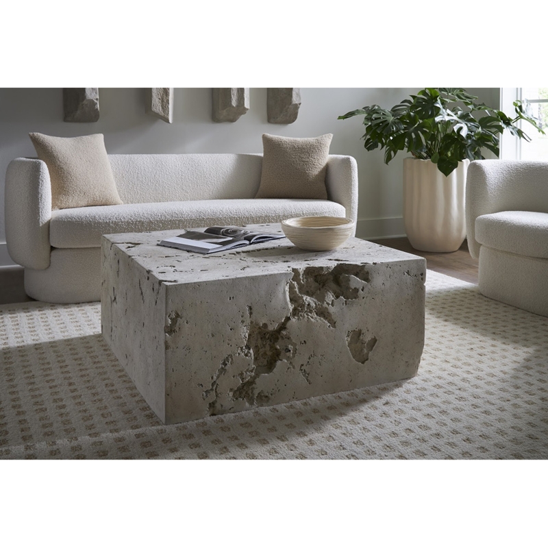Square Coffee Table, Pitted Surface, Monolithic Block Form, Organic Modern