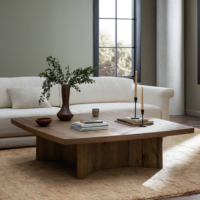 Square Coffee Table Rustic Oak Veneer Recessed Plinth Base