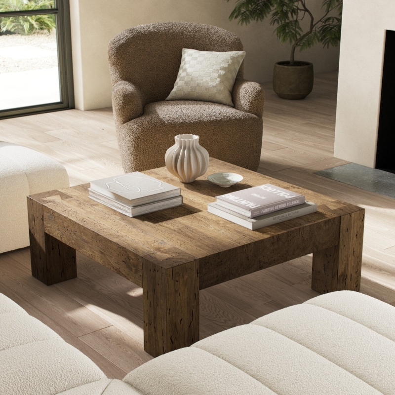 Square Coffee Table Rustic Wormwood Oak Plinth Base