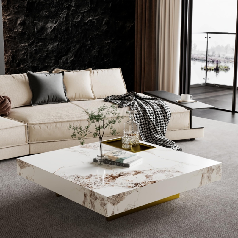 Square Coffee Table, Sintered Stone and Gold Metal, Large Modern Glam