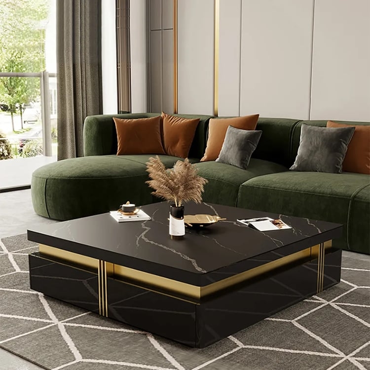 Square Coffee Table Sintered Stone Top Ribbed Base Black