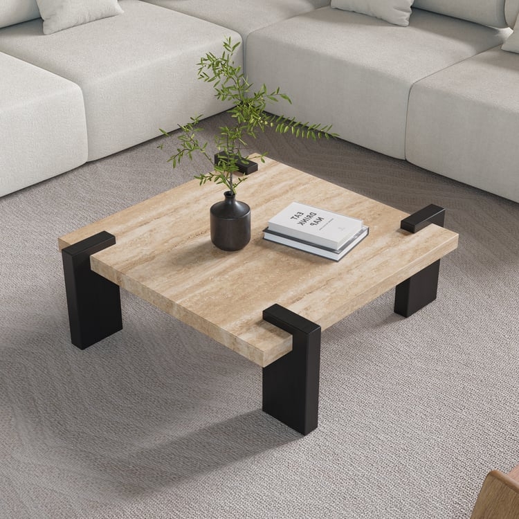 Square Coffee Table, Stone-Like Travertine Top, Dark Wood Inset Legs