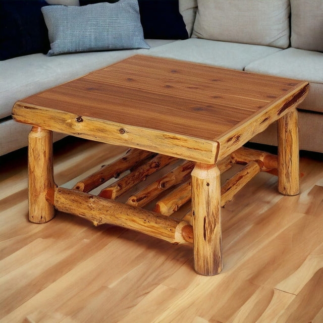 Square Coffee Table with Chunky Log Legs and Planked Top Cabin Style