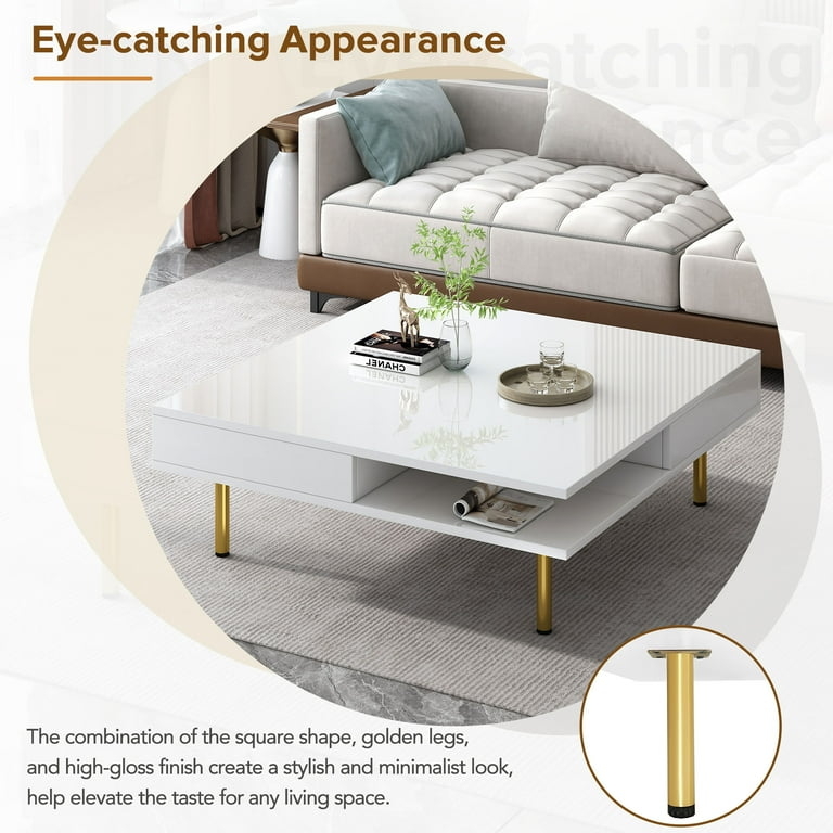 Square Coffee Table with High-Gloss White Finish and Gold Tapered Legs