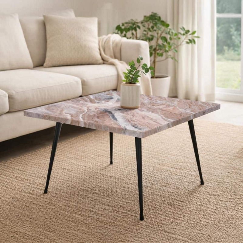 Square Coffee Table with Marbled Brown Top and Black Metal Cross Base
