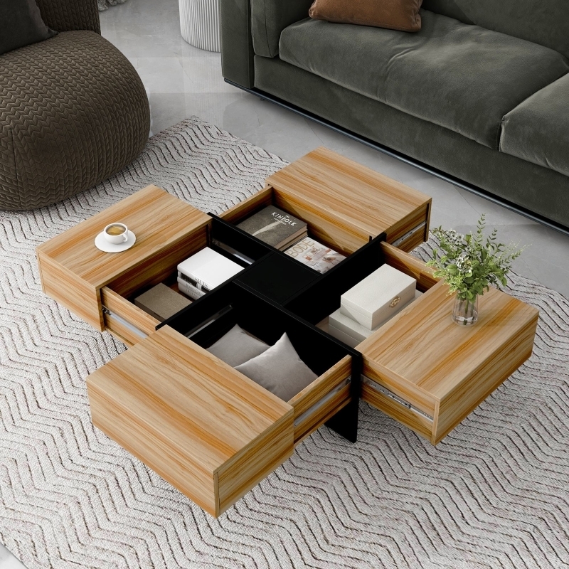 Square Coffee Table with Sliding Top Panels and Dark Brown Gloss Finish