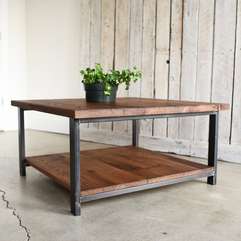 Square Coffee Table with Thick Wood Planks and Lower Shelf