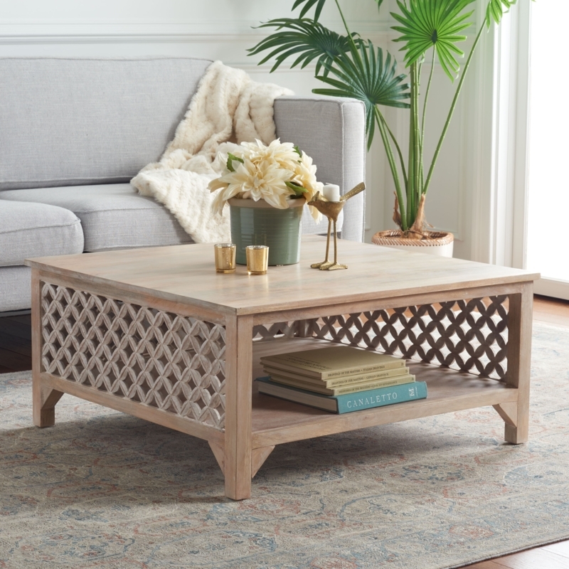Square Coffee Table Wood with Full Width Storage Shelf