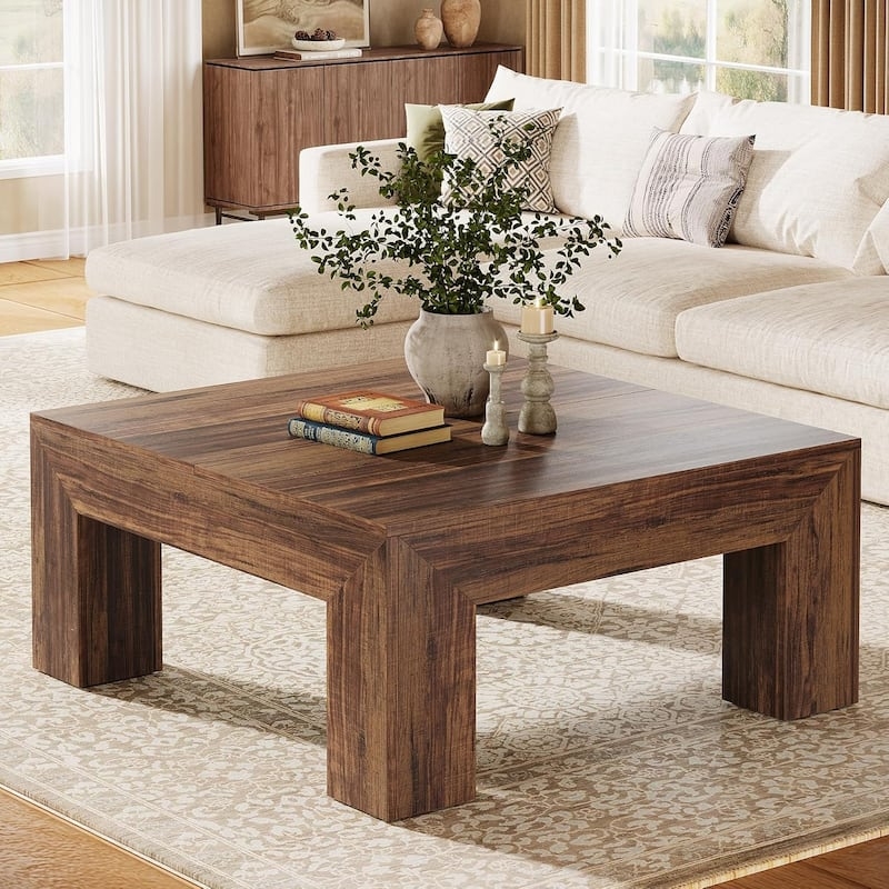Square Farmhouse Coffee Table. Dark Brown Finish, Chunky Block Base.