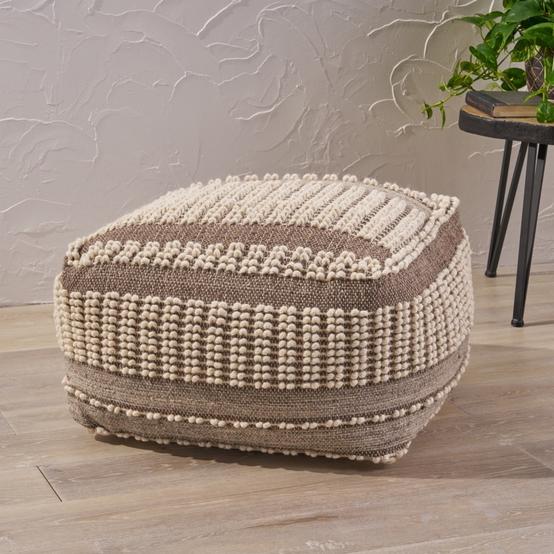 Square Floor Pouf Large Gray Cream Chunky Geometric Weave