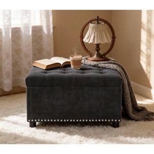 Square Footstool Storage Black Leather-Like Tufted Nailhead Trim Classic