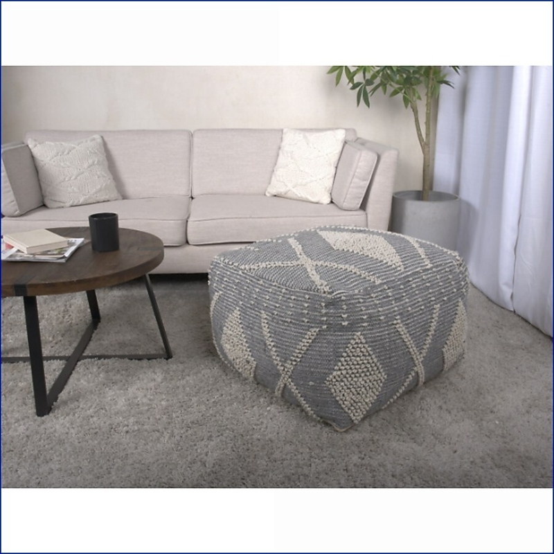 Square Handcrafted Woven Pouf in Ivory and Gray Geometric