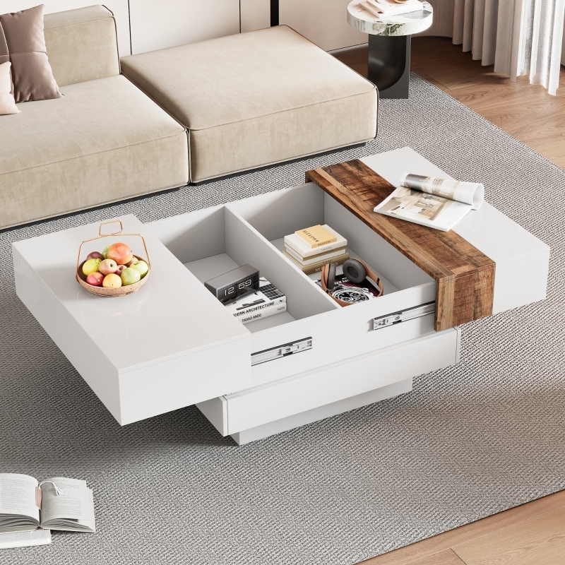 Square High-Gloss Coffee Table with Extendable Sliding Tabletop