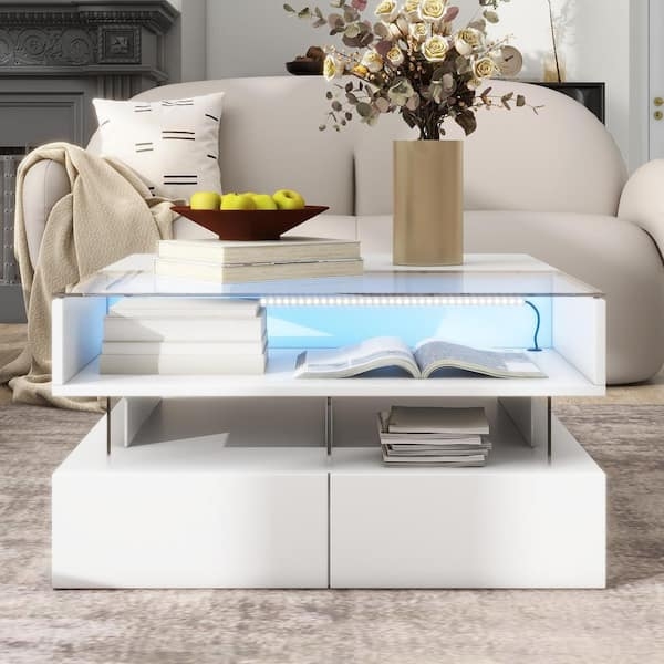 Square High-Gloss Lift-Top Coffee Table with Blue LED and Storage