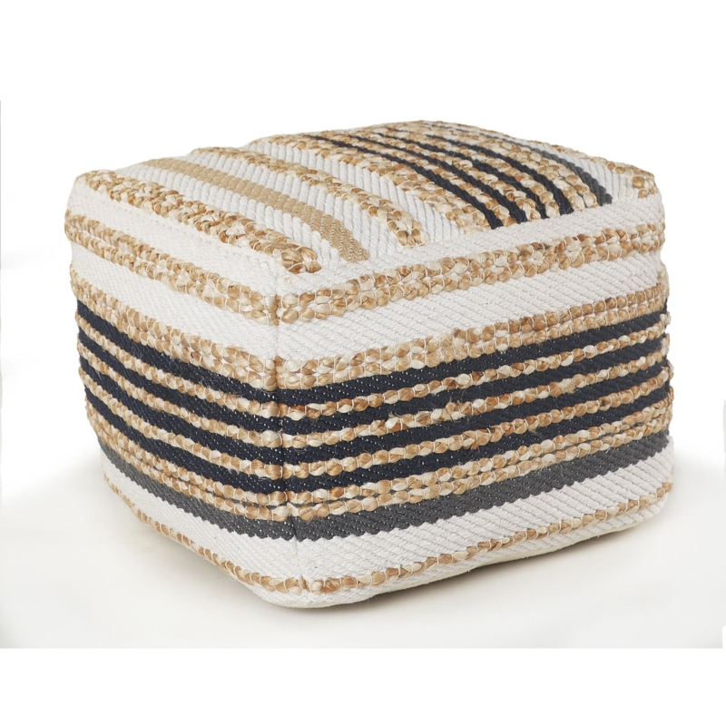 Square Jute Pouf Ottoman with Braided Stripes, Bohemian Style