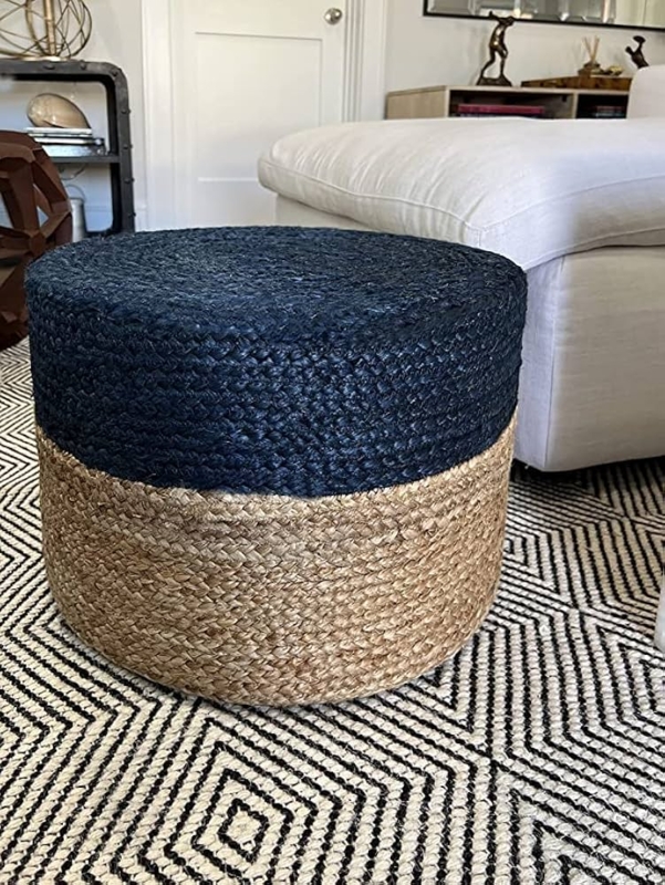 Square Jute Pouf Ottoman with Navy Colorblock Braided Texture
