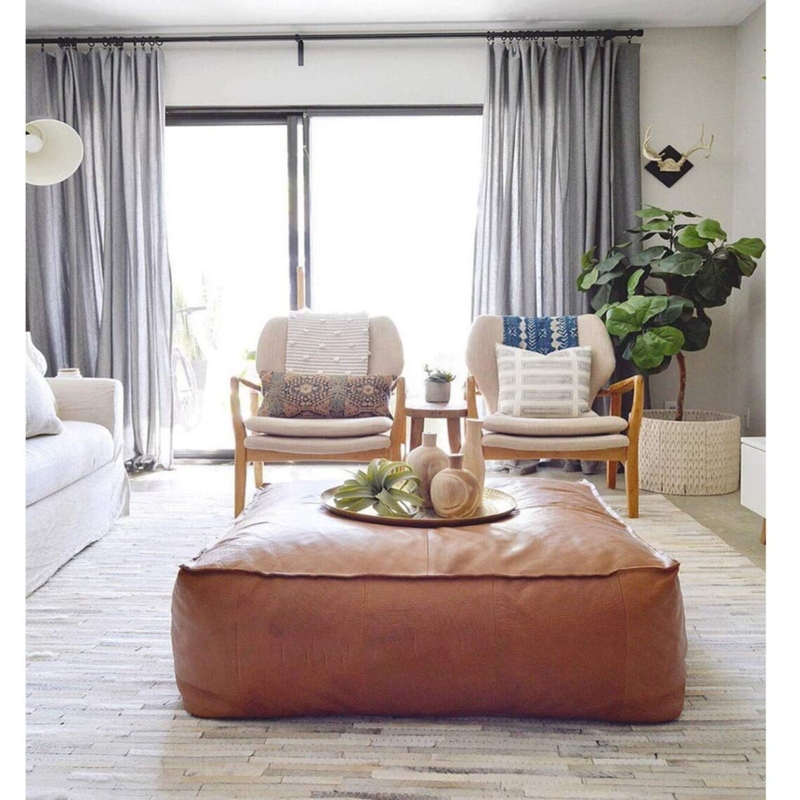 Square Leather Pouf in Cognac for Bohemian Living Room Floor Seating Ideas