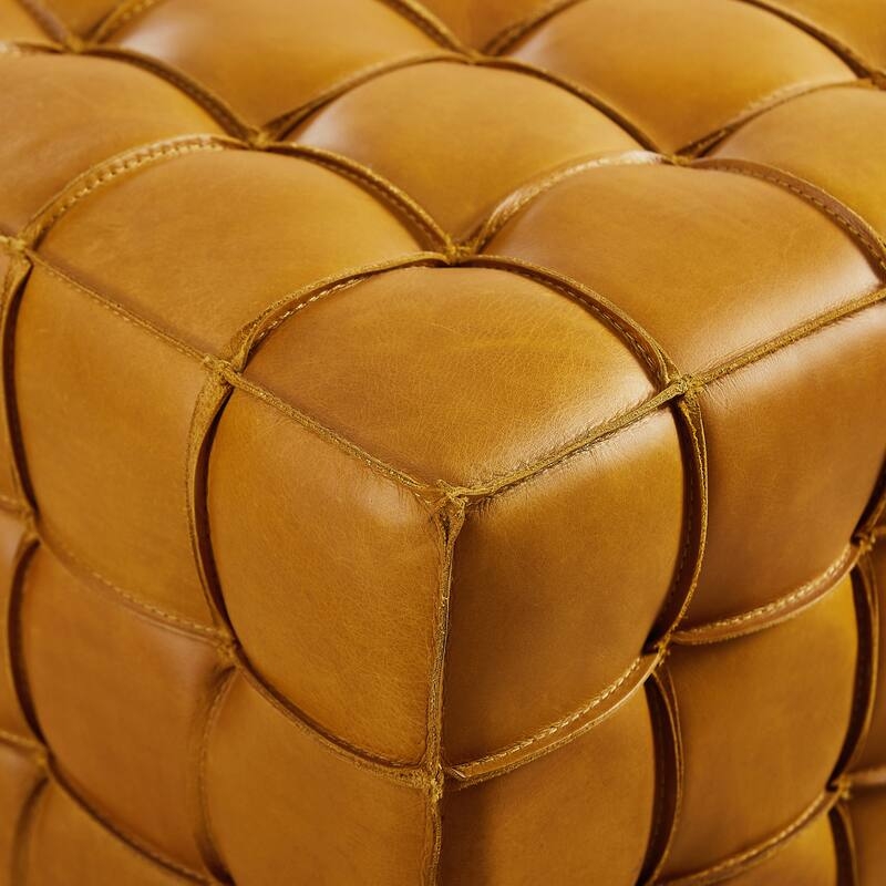 Square Leather Pouf Panelled Design Cross Stitched Seams Rustic