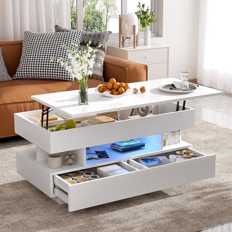 Square Lift-Top Coffee Table with Glass Section and High-Gloss Drawers