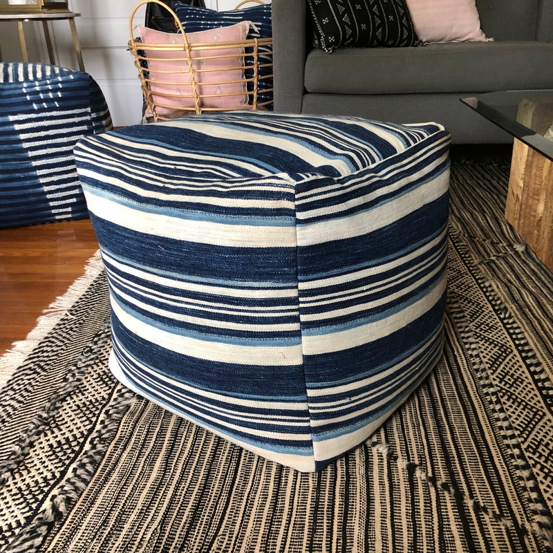 Square Mudcloth Pouf with Indigo Stripes, Bohemian Floor Seating