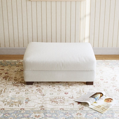 Square Ottoman Beige Corduroy Texture Tapered Wood Legs Modular